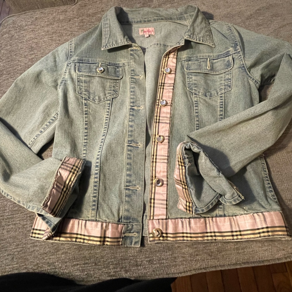 Sleek and Unique Denim jacket with satin plaid embellishments